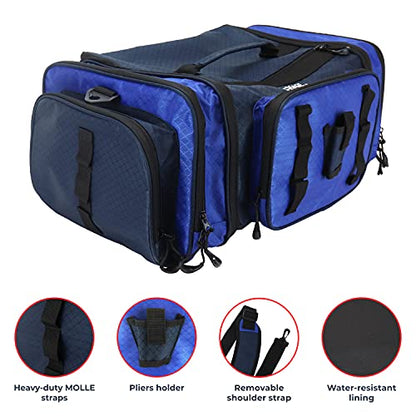 OSAGE RIVER Large Waterproof Fishing Tackle Bag with Padded Shoulder Strap, Ripstop Soft Sided Bag with Fishing Pliers Holder - color: Blue with 3 Tackle Boxes