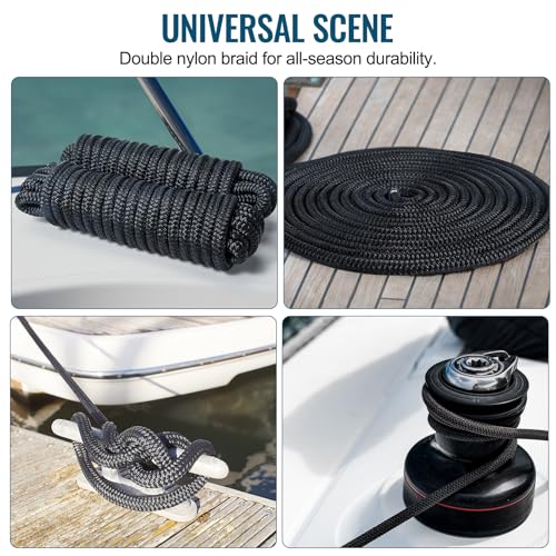 4 Pack 1/2" x 20' Boat Dock Lines, Improved Double Braided Nylon Boat Ropes for Docking with 12" Loop,Hurricane-Resistant Grade Marine Rope for Sailboats,Pontoons,Fishing Boats,Black - size: 1/2" x 20' (Pack of 4)