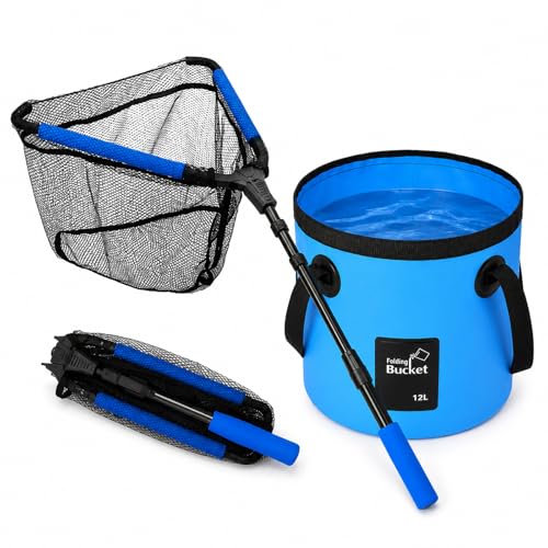 Foldable Fishing Landing Net and 12L Collapsible Water Bucket Set, Portable 2-in-1 Fishing Gear for Anglers, Extendable Anti-Tangle Fish Net with Folding Bucket for Shore, Dock, Boat and Camping