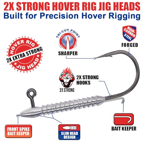 Hover Rig Jig Heads 12-Pack –2X Strong Weighted Swimbait Hooks for Bass Fishing– Freshwater Sizes #1 1/32oz to 3/0 1/8oz - color: 3/64oz-#1 (12pk)