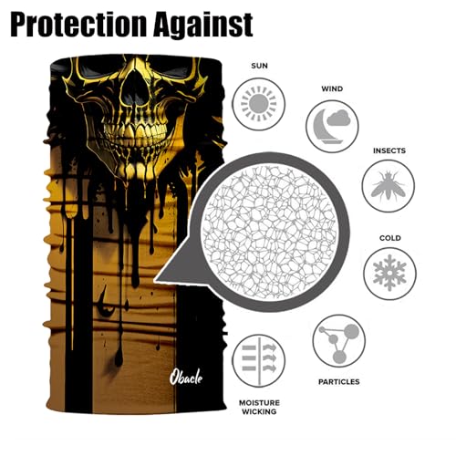 Obacle Bandana Face Mask Neck Gaiter Tube Mask Men Women for Sun Dust Protection - color: Skull Gold Black Face