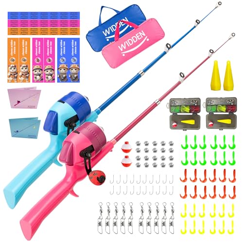 Kids Fishing Pole, Telescopic Fishing Rod, Toddler Collapsible Fishing Rod and Reel Combo with Tackle Box, Fishing Line, Bobber, and Soft Lures for Boy, Girl, Youth, Beginner, Over 4 Years Old - color: blue+pink