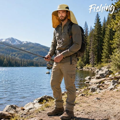 HUAMULAN Women Large Brim Sun Hat with Neck Flap, Men Quick Dry Hiking Fishing Safari Hat UPF 50+ - color: Yq005-beige