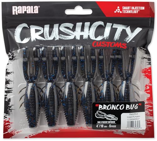 CrushCity Bronco Bug Soft Plastic Bass Lure, Dual-Action Creature Bait with Hinged Arms & Subtle Leg Movement - color: Black Blue Green Pumpkin, size: 4"