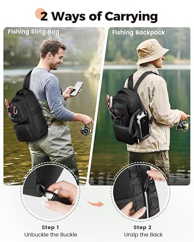MATEIN Fishing Sling Bag with Phone Pouch, 3600 Tackle Box Backpack | Tackle Bag with Removable Bait Binder, Fishing Bag with Lure Rod Holder, Cooler Compartment, Waterproof, Women Fishing Gifts - color: Black