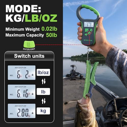 SNAIL TRAIL 8 Storage Bins Digital Bass Fishing Scale & 7.5'' Lip Gripper, Weighs Up to 50 lbs, Backlit LCD Display, Ergonomic Handle, Multi-Mode(LB, OZ/LB & KG), Tournament Fish Weigher for Anglers