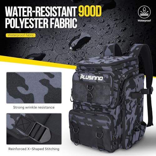 PLUSINNO Fishing Backpack with Fishing Gear Fish Net & Rod Holders Tackle Box, 42L Large Water-resistant Tackle Bag Store - color: Black Camouflage With Net