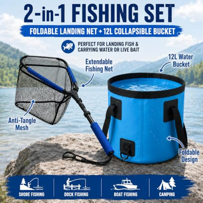 Foldable Fishing Landing Net and 12L Collapsible Water Bucket Set, Portable 2-in-1 Fishing Gear for Anglers, Extendable Anti-Tangle Fish Net with Folding Bucket for Shore, Dock, Boat and Camping
