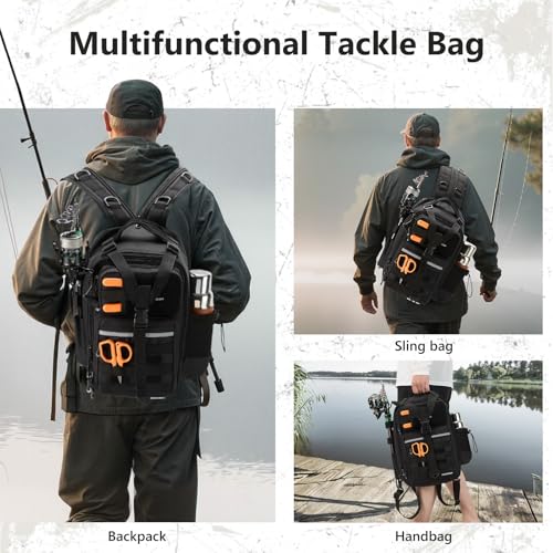 BASSDASH Convertible Fishing Backpack Sling Bag with Rod Holder, Adjustable Tactical Water-Resistant Tackle Storage Pack FP07 - color: Black, size: Standard