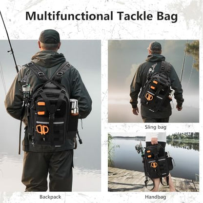 BASSDASH Convertible Fishing Backpack Sling Bag with Rod Holder, Adjustable Tactical Water-Resistant Tackle Storage Pack FP07 - color: Black, size: Standard