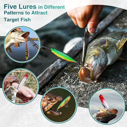 FLISSA 5PCS Top Water Fishing Lures Kits, Bass Fishing Lures for Freshwater & Saltwater, Realistic Hard Bait, Popper Fishing Lure with Treble Hooks for Trout, Bass, Salmon, Walleye Fishing