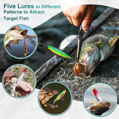 FLISSA 5PCS Top Water Fishing Lures Kits, Bass Fishing Lures for Freshwater & Saltwater, Realistic Hard Bait, Popper Fishing Lure with Treble Hooks for Trout, Bass, Salmon, Walleye Fishing