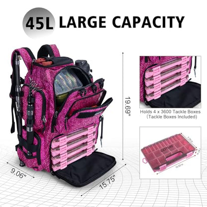 Goture Fishing Backpack with 4 Tackle Boxes,900D Water-Resistant Tackle Backpack with Rod Holders,45L Large Fishing Bag Storage Gear Tackle Bag with Rain Cover,Bottle Holder for Travel Camping Hiking - color: A3:bling Pink With 4 Tackle Boxes