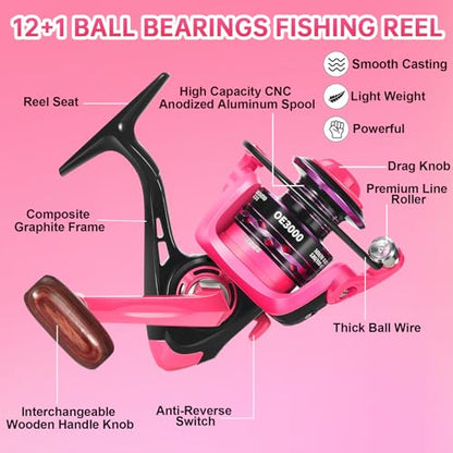 Fishing Rod and Reel Combos, Carbon Fiber Telescopic Fishing Pole Kit with Spinning Reel, Fishing Line, Fishing Lures, Travel Bag for Woman Girl Beginner Saltwater Freshwater - color: PINK