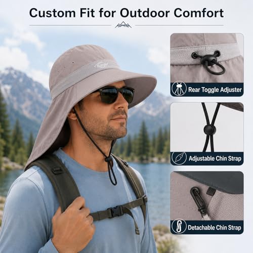 Palmyth Fishing Hat UPF 50+ Sun Protection Neck Flap Hat for Men and Women | Cooling Neck Flap, Water Resistant, Wide Brim, Detachable Chin Strap, Breathable Mesh, Sweatband, Adjustable Buckle, Packable - color: Sand
