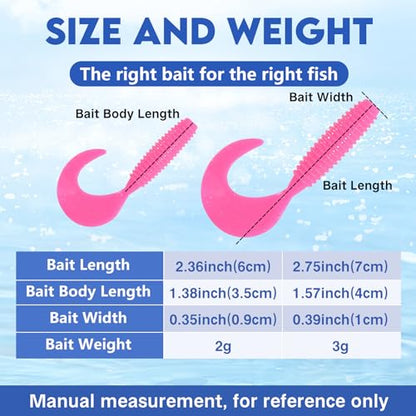 Eupheng Twist Tail Swimbait Fishing Lure, 2.3in/2.7in/4in/5.5in 100PCS Grub Saltwater Fishing Soft Bait Trailer for Bass Crappie Fishing - size: 2.7 inches - 100 PCS