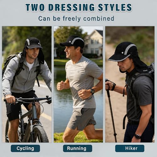 Fishing Hat with Removable Neck Flap, Foldable Sun Protection Baseball Cap - color: Black