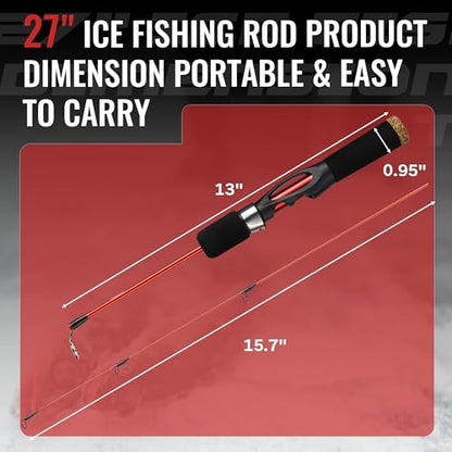 WIDDEN Ice Fishing Rod and Reel Combo, 27" Medium Light Spinning Ice Fishing Pole, Gear with Tackle Box Kit, Line, Lures for Saltwater, Freshwater Trout, Bass, Walleye