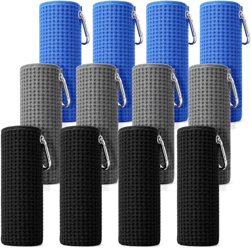 Breling 12 Pack Fishing Towels with Clip, 16'' x 16'' Microfiber Waffle Weave Fish Bait Towel Quick Dry Absorbent Rag for Cleaning Boat Kayak Accessory Camping Hiking (Black Grey Blue) - color: Black Grey Blue