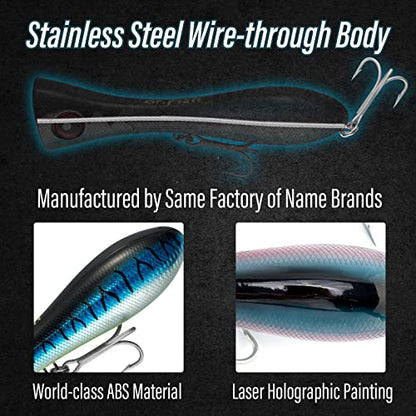 Dr.Fish Popper Saltwater Fishing Lures, 8 Inches GT Popper VMC Treble Hooks Surf Fishing Lures for Striper Tuna Barracuda Mackerel Snapper Bluefish Pencil Plugs Offshore - color: Blue Amberjack, Chartreuse, Chrome Blue-3 Pack