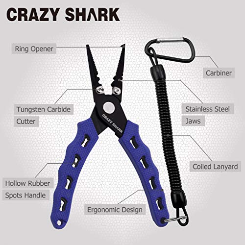 Fishing Pliers, Stainless Steel Fishing Tools, Saltwater Resistant Fishing Gear, Tungsten Carbide Cutters, Split Ring Pliers, Hook Remover with Coiled Lanyard and Sheath - color: Blue B - 6" Split Ring Nose