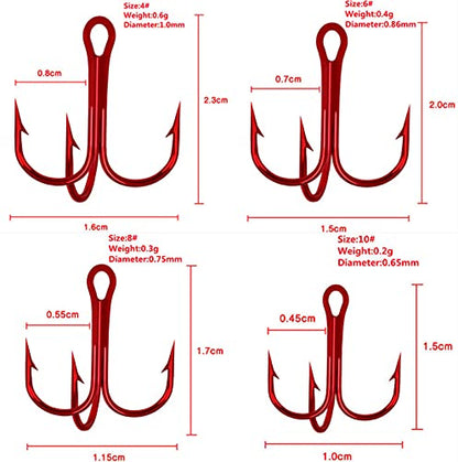 50pcs/Box Fishing Treble Hooks, High Carbon Steel Fishing Hooks Kit, Sharp & Round Bend Fishing Treble Hooks for Catfish Lures Baits Bass Fishing Accessories - color: Red Treble Hooks