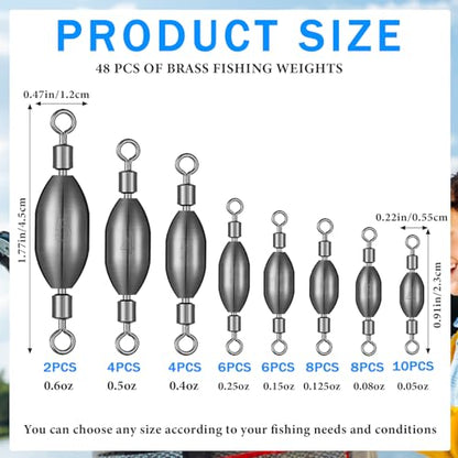 Seenelling 48 Pcs Trolling Sinkers with Swivels Brass Fishing Sinker Different Sizes Egg Sinkers Fishing Weights Saltwater Bullet Sinker with Swivel Rolling Removable Freshwater - size: 8 Sizes