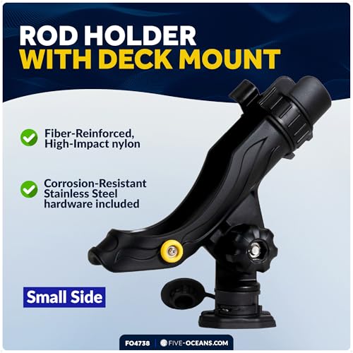 Five Oceans Fishing Rod Holder for Boat with Deck Mount Base, Black, High-Impact Nylon for Boats & Kayaks, Multiple Sizes - style: Large Rod Holder + Spring-loaded Lock Cap Base