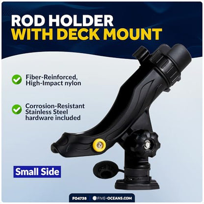 Five Oceans Fishing Rod Holder for Boat with Deck Mount Base, Black, High-Impact Nylon for Boats & Kayaks, Multiple Sizes - style: Large Rod Holder + Spring-loaded Lock Cap Base