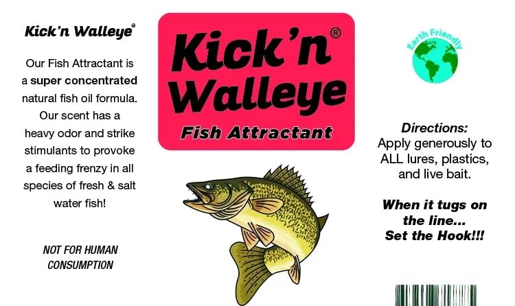 Kick’n Bass Fish Attractant, Supercharged Concentrated Natural Fish Oil Formula Scent for Fishing Lures, One 4 fl oz Bottle. (10 Scents to Choose from) - color: Kick’n Walleye
