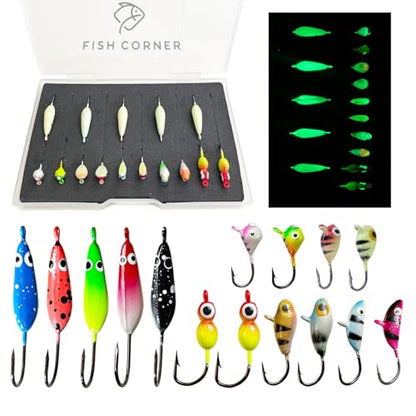 Ice Fishing Jigs Set Ice Fishing Lures Glow in Dark Fishing Jig Heads for Crappie Panfish Walleye Perch Bluegill Pike Ice Fishing 15pcs/16pcs
