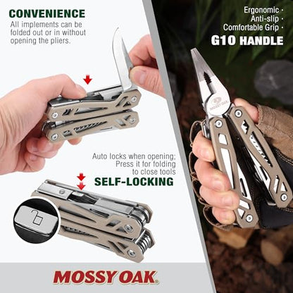 MOSSY OAK Multitool, 22-in-1 Stainless Steel Pliers with Screwdriver Sleeve, Desert Steel Handle, Self-locking Knife with Sheath-Perfect for Outdoor, Survival, Camping, Hiking, Simple Repair - color: 22-in-1, Desert