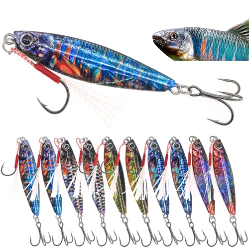 Fishing Jigs Vertical Saltwater Jigs Vertical Jigging Spoon Fishing Tuna Lures Boat Fishing Artificial Lures for Tuna, Grouper, Dogtooth, Snapper, Bass, Salmon/60g, 80g,120g - color: 10pcs-multicoloured