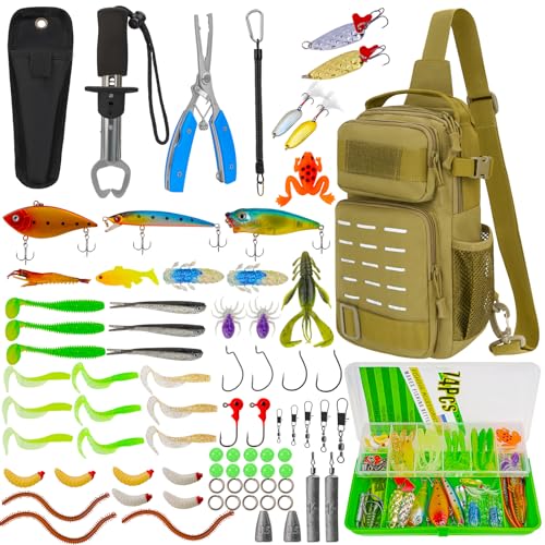 THKFISH 79 Pcs Fishing Tool Kit, Fishing Backpack with Tackle Boxes Fishing Pliers Kit Fishing Bait Lure Gear Kit Include Fish Hook Remover, Fishing Lures, Lip Gripper - color: Khaki