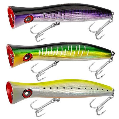 THKFISH Topwater Saltwater Fishing Lures GT Popper with 3X Strong Hook, Surf Fishing 1pc / 3pcs - color: 3pcs 3Colors (YellowLaser+PurpleLaser + GreenLaser)