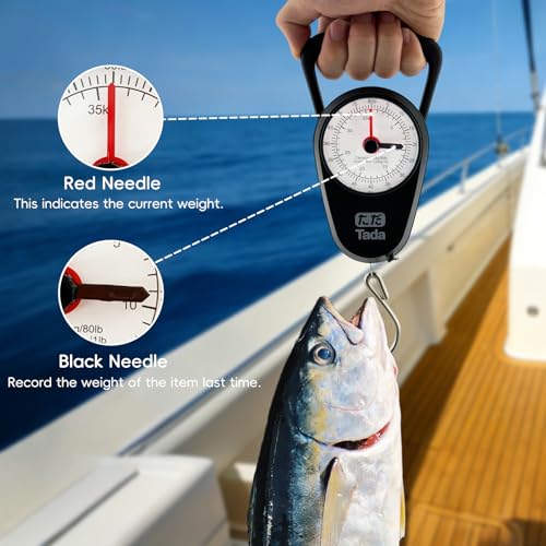 Tada 80lb/35kg Analog Fish Scale with 39-Inch Tape Measure | Manual Scale for Fishing, Farm, Luggage with Memory Pointer, No Battery Needed