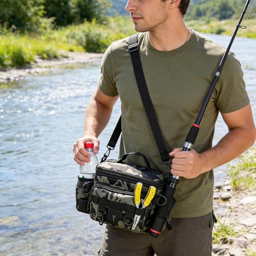 Portable Oxford Fishing Gear Bag, Water Resistant Multi-pocket Storage Backpack with Rod Holder and Adjustable Shoulder Strap for Outdoor Fishing