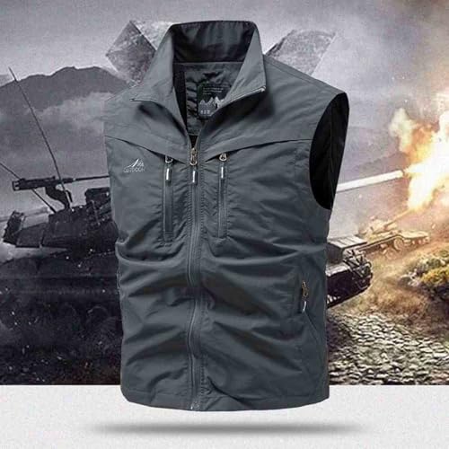 Men Fishing Vest Lightweight Outerwear Golf Running Sleeveless Jacket Travel Photo Utility Vest with Zipper Pockets - color: #02 Gray, size: 5X-Large