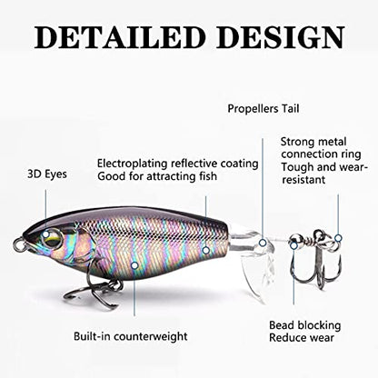Topwater Fishing Lures for Bass, Whopper Popper Lures with Realistic 3D Eyes and Rotating Tails for Freshwater and Saltwater - 5pcs Set