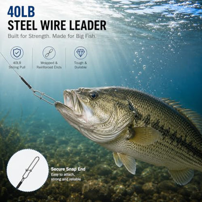 Stainless Steel Fishing Wire Leaders, Black Coated & Uncoated Options, Heavy Strength 31–100LB, 6–21in Multi Sizes with Rolling Swivels Snaps for Salt Fresh Water Shark Pike Barracuda - color: 40pcs-9.84in(40LB)