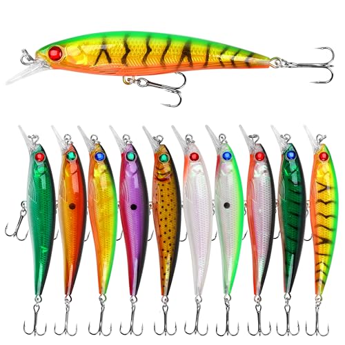 Fishing Lures Kit,10pcs Hard Minnow Baits Crankbaits Deep Diving Jerkbait Swimbait Set with Treble Hooks for Bass Walleye Trout Pike Saltwater Freshwater Surf Fishing Lures