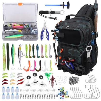 Fishing Backpack with Tackle Boxes,Waterproof Fishing Shoulder Bag for Fishing Gear,Fish Bag with 136 Pcs Fishing Lures Kit,Fish Hook Remover Tool,Fish Lip Gripper,Fishing Plier,Gifts for Men (Green) - color: Green