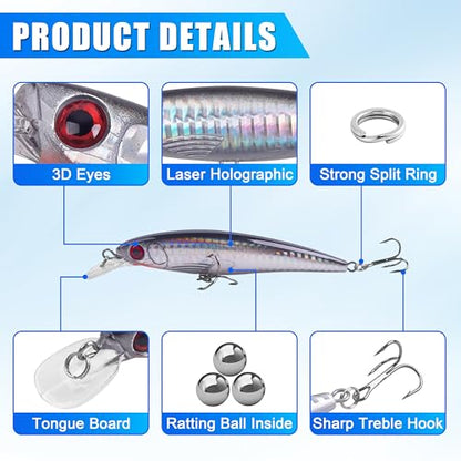 Saltwater Fishing Lures Kit, 6pcs Surf Fishing Sriper Lures Minnow Lures Deep Diving Jerkbait Crankbait Popper Plugs Hard Baits with Treble Hooks for Inshore Offshore Ocean Deep Sea Fishing