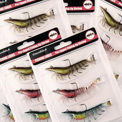 EXAURAFELIS 3pcs Fishing Lures Shrimps baits Pre-Rigged Fish Jigs - Soft Lure Bass Trout Lifelike Shrimp Crayfish Swimbait