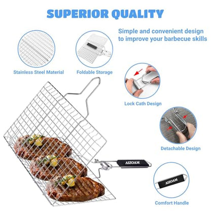Shallow Grill Basket Fish Grill Basket, Fish Grilling Basket BBQ Fish Grill Baskets for Outdoor Grill,Grill Basket with Removable Handle. Perfect for Grilling Fish Fillets