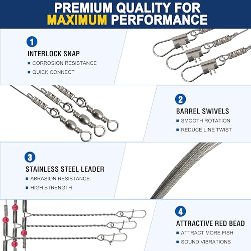 Fishing Leaders Saltwater Tackle Rig Stainless Steel Fishing Wire Leader Line with Swivels Snap Beads Pre-Tied Hi-Low Bottom Rigs for Surf Pier Trolling Fishing Tackle - style: 2 Arms-12pcs