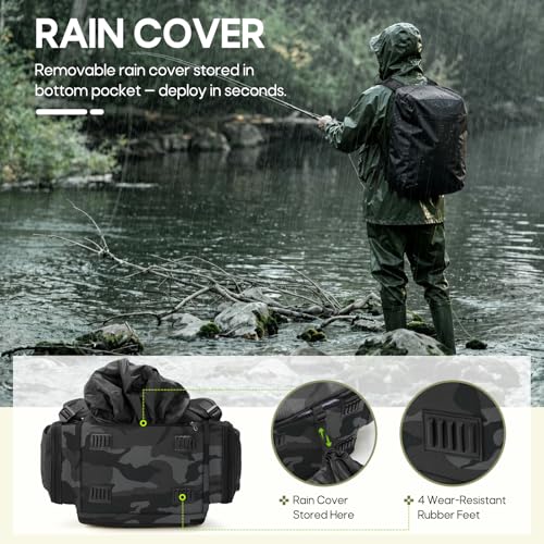 RAINSMORE Fishing Backpack, 45L Large Water-resistant Fishing Tackle Bag | with 4 Rod Holders & Insulated Cooler & Rain Cover Professional 900D Oxford Tackle Backpack for Men Gift Gray Camouflage - color: Grey Camouflage