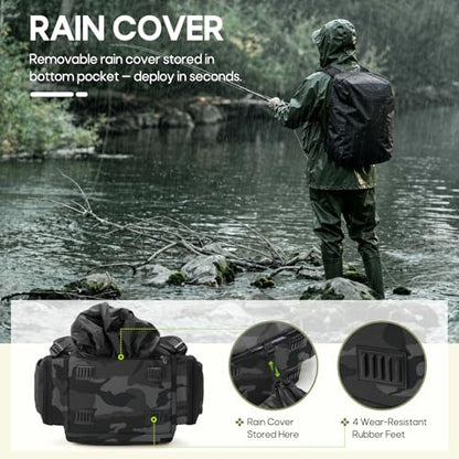 RAINSMORE Fishing Backpack, 45L Large Water-resistant Fishing Tackle Bag | with 4 Rod Holders & Insulated Cooler & Rain Cover Professional 900D Oxford Tackle Backpack for Men Gift Gray Camouflage - color: Grey Camouflage
