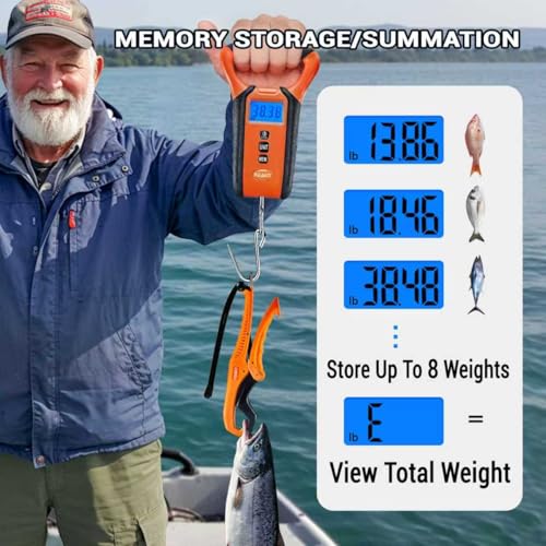 Fish Scale Digital Waterproof Floating with Carry Case Fishing Weighing Scale with Lip Gripper, Backlit LCD Display,110lb Capacity Memory Storage & Summation -Fishing Gifts for Men