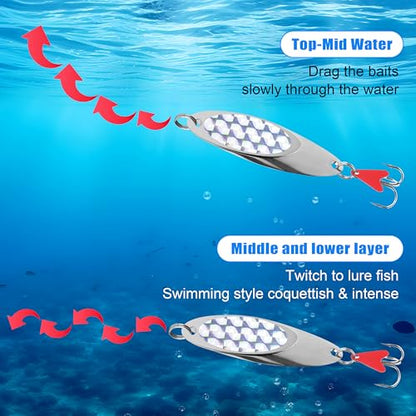 Fishing Spoons Lures, 8pcs Metal Casting Jigging Spoons Silver Trolling Pike Spoon Trout Lures with Treble Hooks for Bass Trout Salmon Pike Walleye Fishing - size: 1/4 oz_8pcs